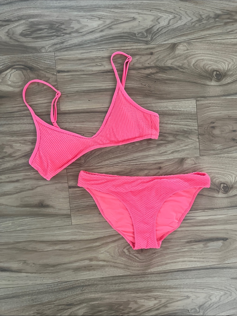 Aerie Textured Hot Neon Pink Bikini Set - Adjustable Strappy Top